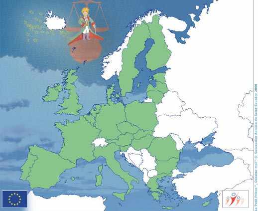 dibujo del Principito de Saint Exupery sobre el mapa de Europa