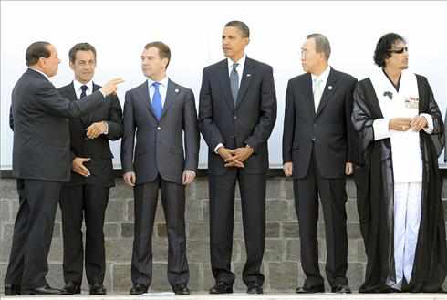 Baerlusconi, Sarkozy, Medvedev, Obama, Ban Ki Moon y Gadafi