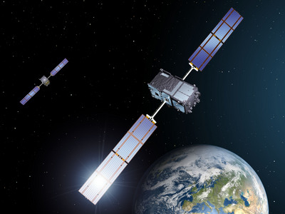 Representación de dos satélites de Galileo en órbita
