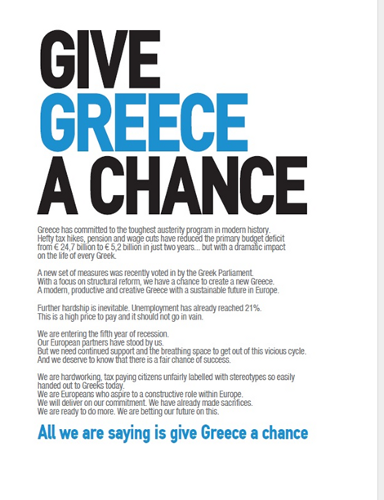 Anuncio de empresarios griegos pidiendo una oportunidad