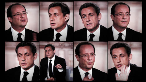 Diferentes imágenes de Sarkozy y Hollande durante el debate