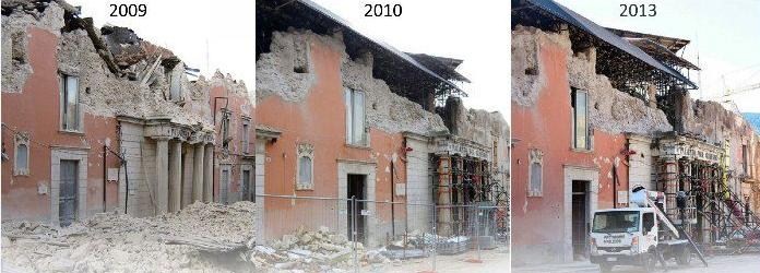3 fotografías de una vivienda en Aquila en 2009, 2010 y 2013