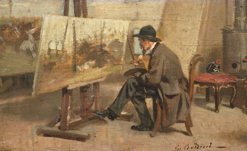 Retrato del pintor sentado ante el caballete pintando