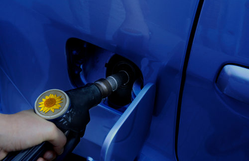 Un hombre pone combustible al coche con una manguera en la que hay una pegatina con un girasol