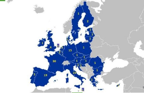 Mapa de Europa con el número de programas de cada país