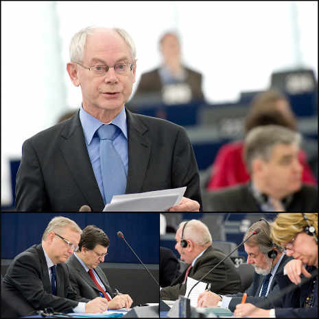 Montaje de fotos: arriba Van Rompuy, abajoMiembros del grupo popular del PE