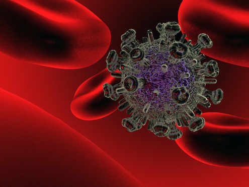 Virus sobre un fondo rojo