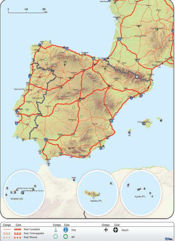 mapa de carreteras, puertos, terminales de ferrocarril y aeropuertos