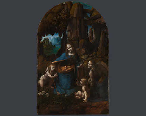 La Virgen con el niño y varios ángeles entre unas rocas
