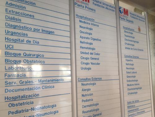 Cuadro de especialidades de un hospital madrileño
