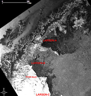 Imágen de la barrera Larsen con la disminución del hielo marcada