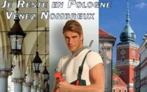 Anuncio en el que se ve a un guapo polaco con una llave inglesa en la mano, al fondo París