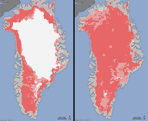 Dos mapas de Groenlandia, a la izquierda el centro está blanco a la derecha todo es de color rosa