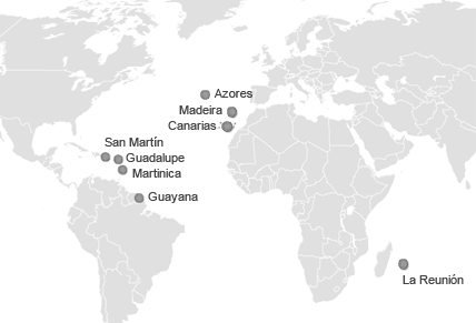 Situación de las ocho regiones ultraperiféricas en el mapa