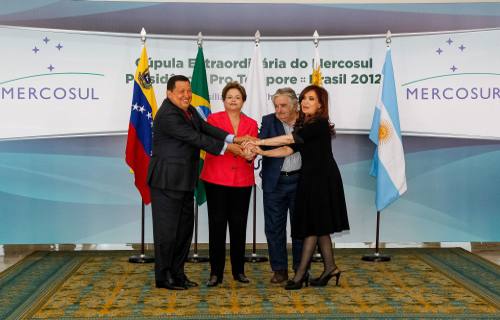 Presidentes de Brasil, Uruguay, Argentina y Venezuela en cumbre de Mersosur julio 2012