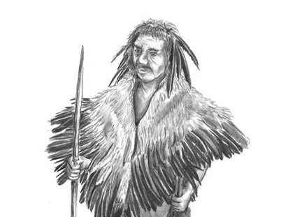 Dibujo de un neandertal con una especie de capa de plumas