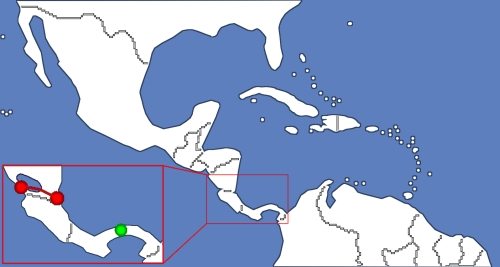 Mapa con el canal de Nicaragua y Panamá señalizados