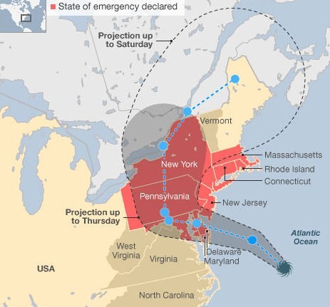 Mapa con las zonas más afectadas por huracán Sandy