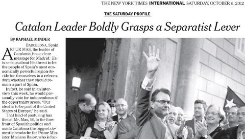 Página de NYT sobre las aspiraciones independentistas de Mas