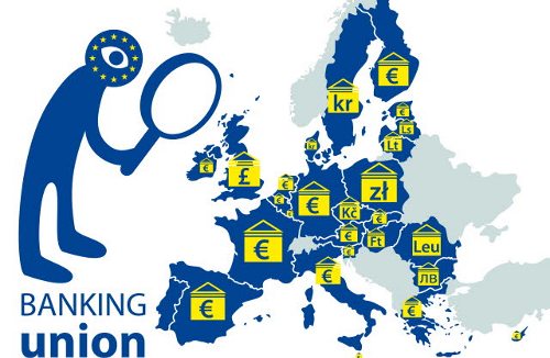 Una infografía, un hombrecillo con la bandera de la UE en la cabeza mira con lupa el mapa de la UE