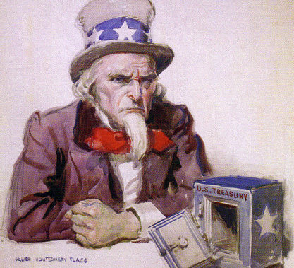 La clásica representación del estadounidense son la bandera en la cinta del sombrero de copa y dando un puñetazo en una mesa en la que hay una caja de caudales vacía