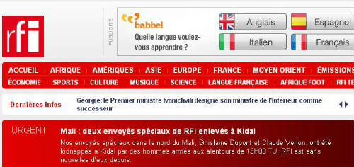 Página web RFI anunciando asesinato periodistas