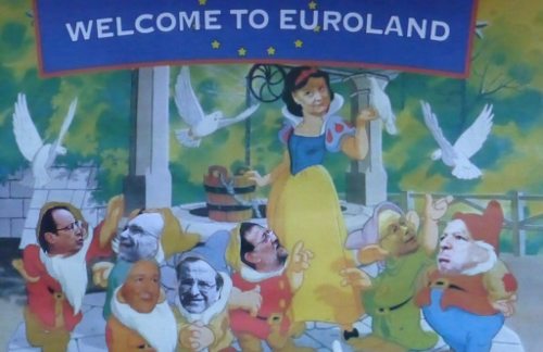 Cartel de la película Blancanieves en el que se ha sustituido la cara de ella por la de Angela Merkel y la de los enanitos por la de los líderes de los Estados miembros de la UE