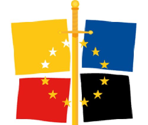 Una espada dela que salen cuatro cuadrados de diferentes colores con las estrellas de la UE en el centro en amarillo