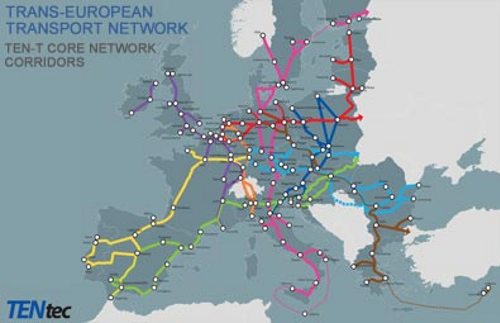 Mapa de la UE con los corredores de transporte