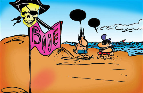 Dos náufragos llegan a una isla con un cartel en el que hay un símbolo pirata