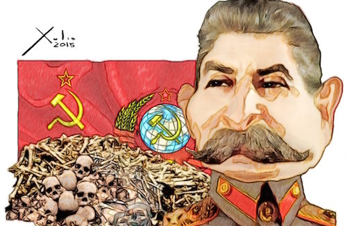 Dibujo de Stalin con huesos y calaveras a su lado