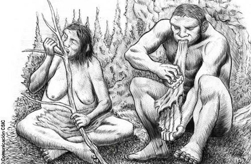 Dibujo de un hombre y una mujer neandertales