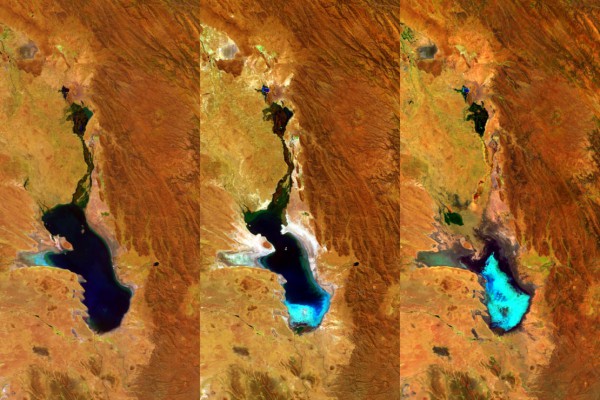 Tres gráficos en los que se muestra la desecación paulatina del lago Poopó